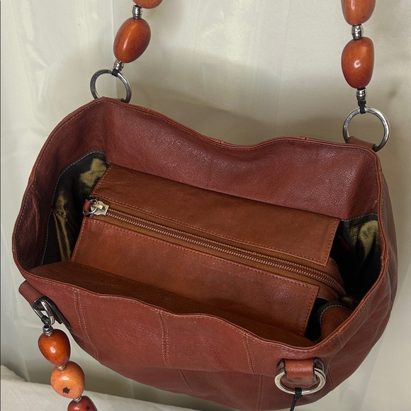 Chic Brown Leather Shoulder Bag with Beaded Handles‎ - Picture 7 of 14